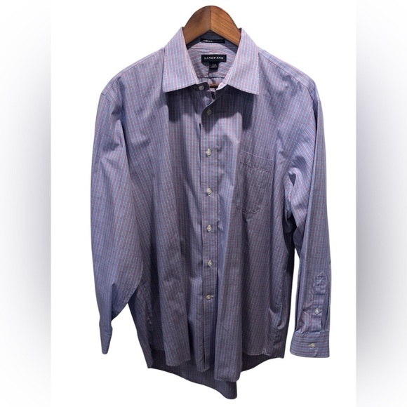 Lands End Mens 17-33 Non Iron Broadcloth Button Up Shirt Blue Check Print L/S - Picture 1 of 4
